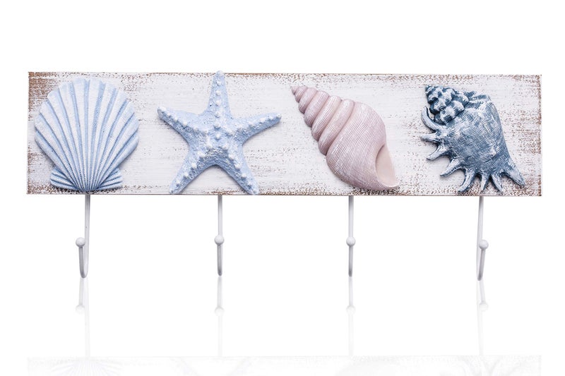 Tide and Tales TideAndTales Beach Decor Seashell Wall Hooks Towel Rack for Bathroom, Bedroom or Kitchen | 4 Strong Hooks | Ocean Theme Beach House Decor - Image 1